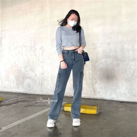 Celana Cargo Highwaist Loose Jeans Celana Panjang Kulot HW Denim