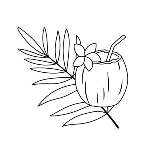 Premium Vector Coconut Cocktail With Straw Flower And Palm Leaf