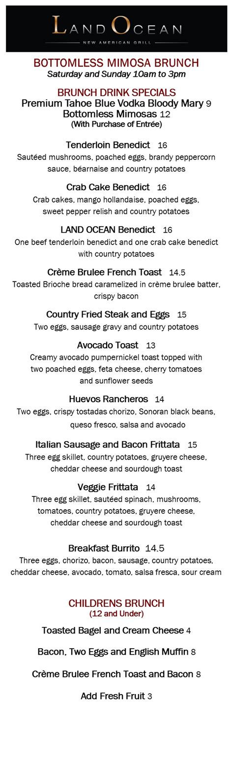 Brunch Menu Roseville Land Ocean Restaurants