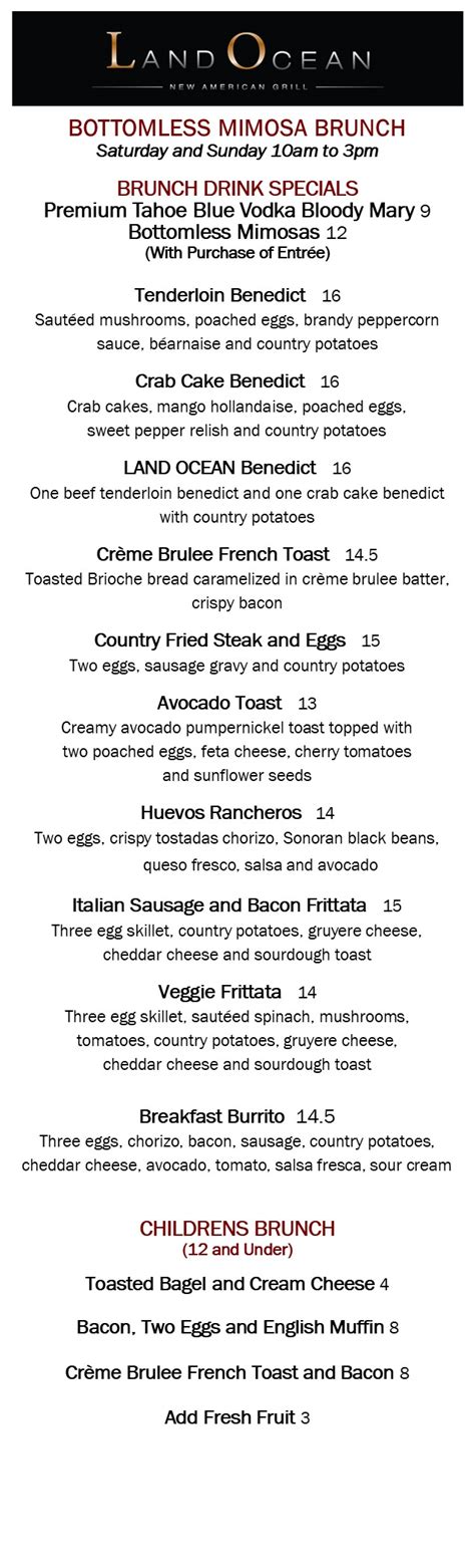 Brunch Menu Roseville Land Ocean Restaurants