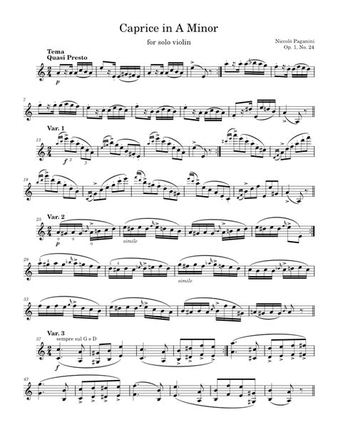 Solo Violin Caprice No 24 In A Minor N Paganini Op 1 No 24