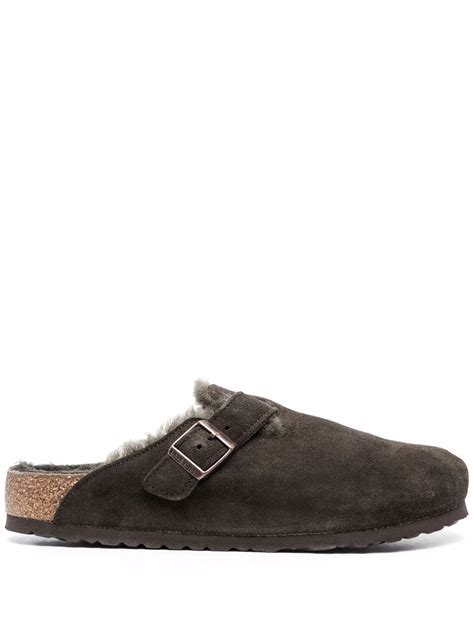 Birkenstock Boston Shearling Trimmed Suede Slippers Brown FARFETCH