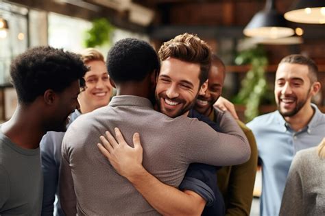 Premium Ai Image Supportive Diverse Male Friends Hugging Each Other