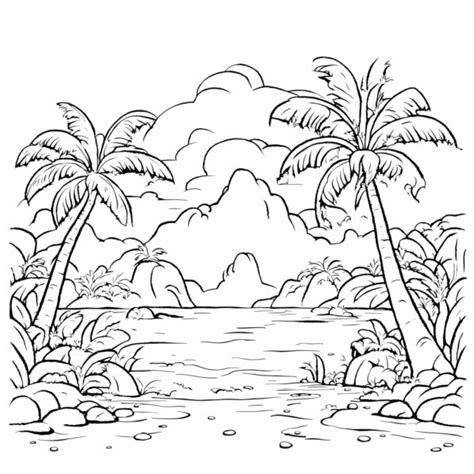 Download Free Printable Jungle Scene Coloring Page With Palm Trees And Rocks Coloring Pages