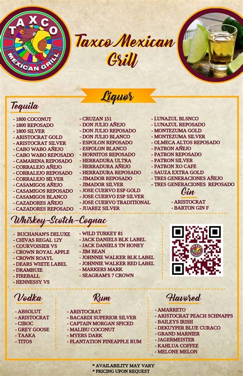 Drink Menu Taxco Mexican Grill Huntersville Belmont Mint Hill