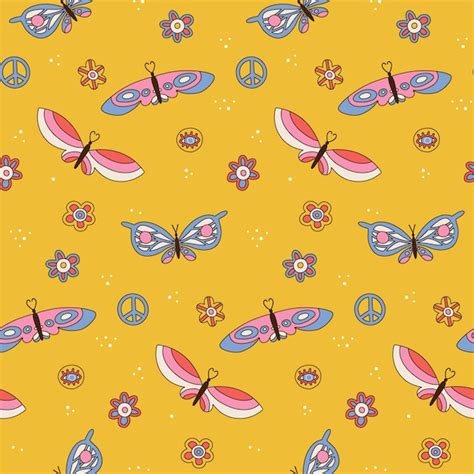 Premium Vector Seamless Pattern With Retro Daisies Butterflies And