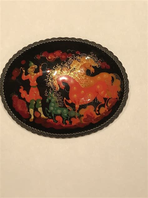 Russian Hand Painted Paper Mache Lacquer Brooch Signed Gem