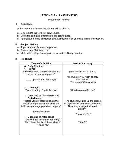 Detailed Lesson Plan In Mathematics Lesson Plan In Mathematics Properties Of Number I