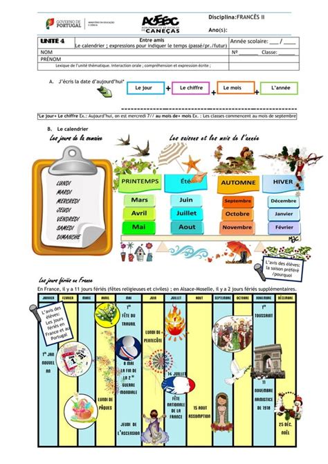 FRANÇAIS Fiche A1 Le calendrier expressions pour indiquer le temps