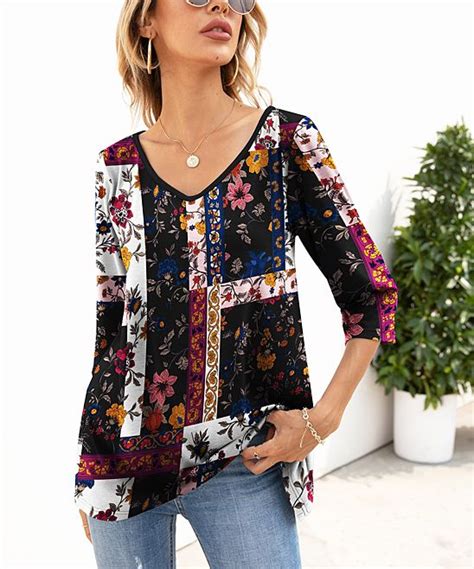 SAKURAFINA Black Pink Floral Patchwork Three Quarter Sleeve Tunic