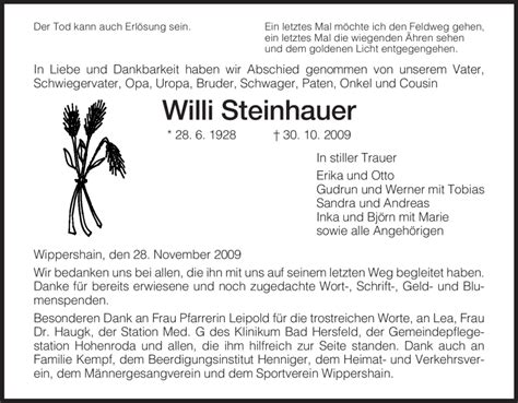 Traueranzeigen Von Willi Steinhauer Trauer HNA De