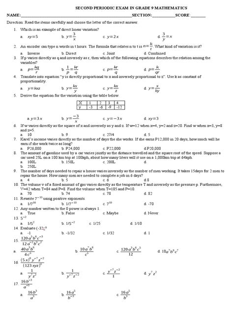 Second Periodic Exam In Grade 9 Mathematics Pdf Mathematics Mathematical Objects