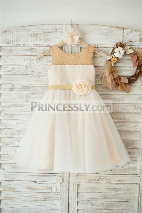 Sequin Satin Ivory Tulle Wedding Flower Girl Dress W Champagne Lined Avivaly