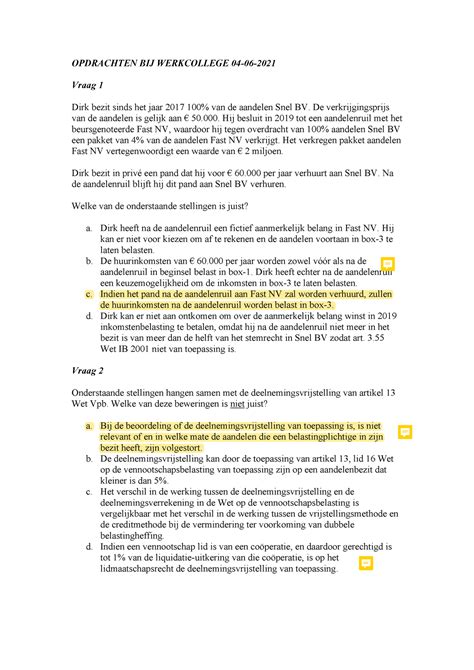 Opdrachten College Pma 04 06 2021 Fiscale Aspecten Van Het Ondernemen