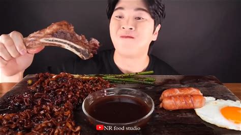 Asmr Mukbang Beef Rib Steak Black Bean Noodle Sausage Kimchi Eating Youtube