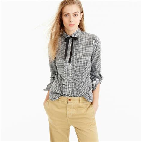 J Crew Gingham Ruffle Button Up With Grosgrain Tie 110 00