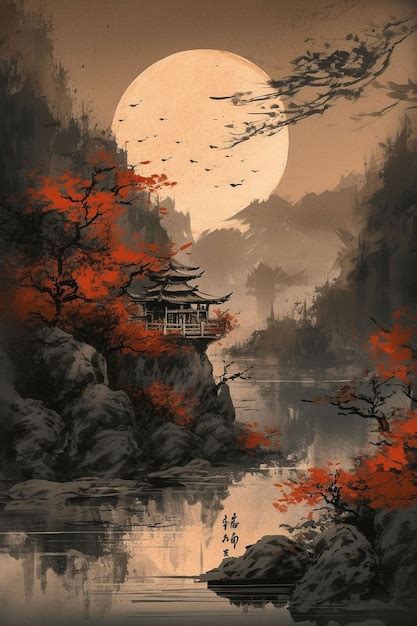 Una Pintura De Un Paisaje Japon S Con Una Luna Roja Y Una Casa Sobre El