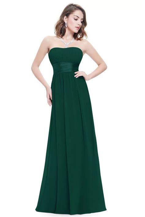 Strapless Ruched Bust Dark Green Chiffon Long Bridesmaid Dress 43