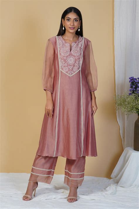 Buy Pink Silk Chanderi And Organza Embroidery Sequin Kurta Pant Set