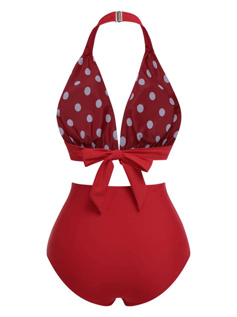 Red 1950s Polka Dot Halter Separate Swimsuit Retro Stage