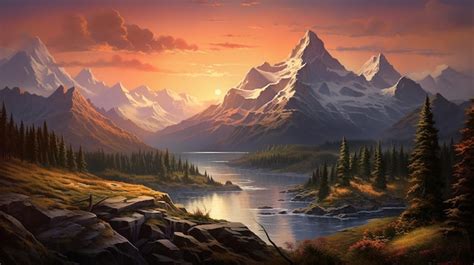 Premium AI Image | mountain landscape at sunset with river