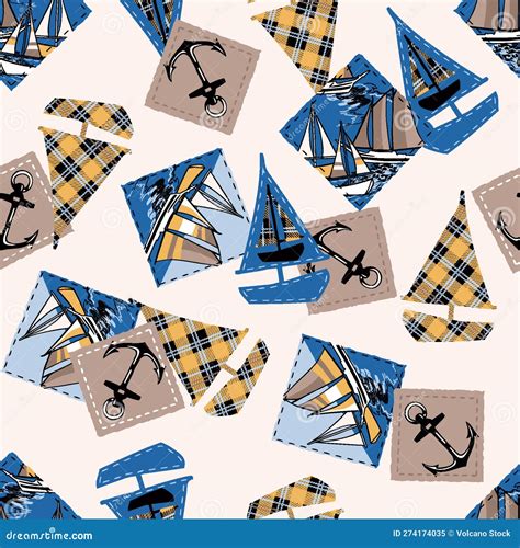 Nautical And Marina Elements Patchwork Wallpaper Abstract Marine Vector