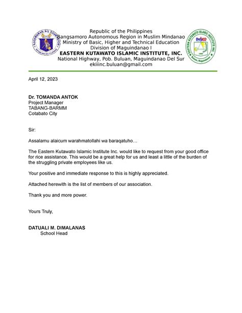 Letter For Rice Assistance Republic Of The Philippines Bangsamoro