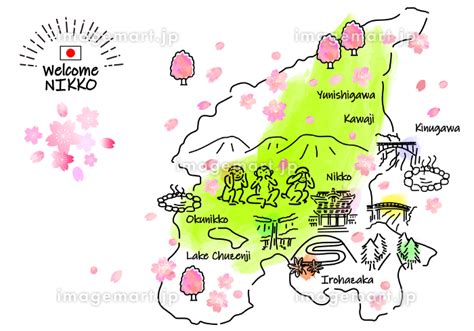 春の日光の観光地のシンプル線画イラストマップ（緑） [205025649] - イメージマート