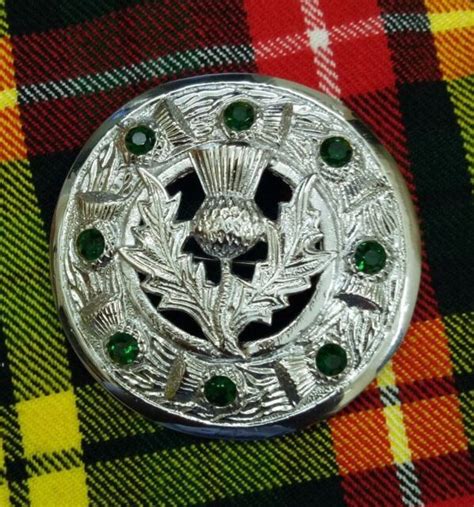 Scottish Kilt Fly Plaid Brooch Thistle Crest Chrome Finishbrooches