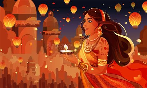 Diwali Indian Woman Oil Lamp Stock Illustrations 495 Diwali Indian