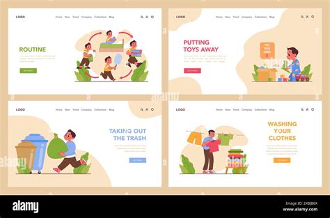 Child Doing Household Chores Web Banner Or Landing Page Set Formation