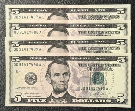 New Uncirculated Five Dollar Bills Series Sequential Bank Notes