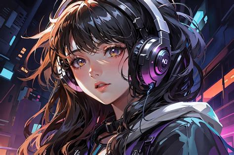 Premium Photo Anime Girl With Headset Or Headphone Vibe To Music Cyberpunk Steampunk