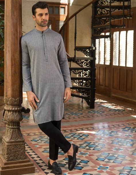 Medium Size Pakistani Designer J Greyish Blue Cotton Kurta Junaid Jamshed