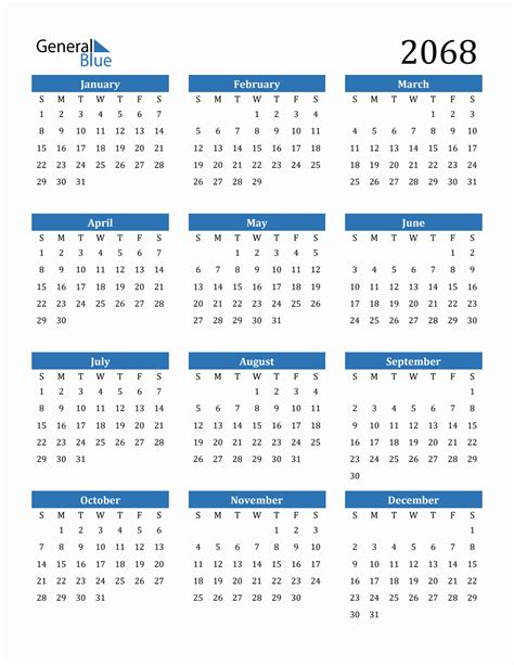 Free 2068 Calendars in PDF, Word, Excel