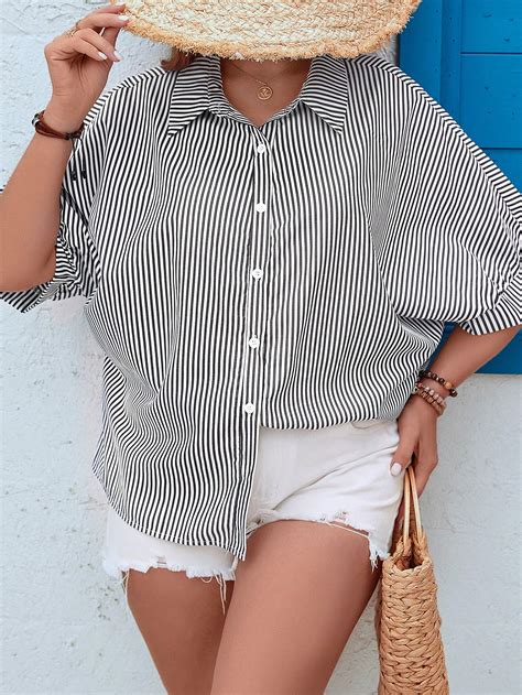 Shein Vcay Mais Camisa Impress O Listrada Manga De Asa De Morcego