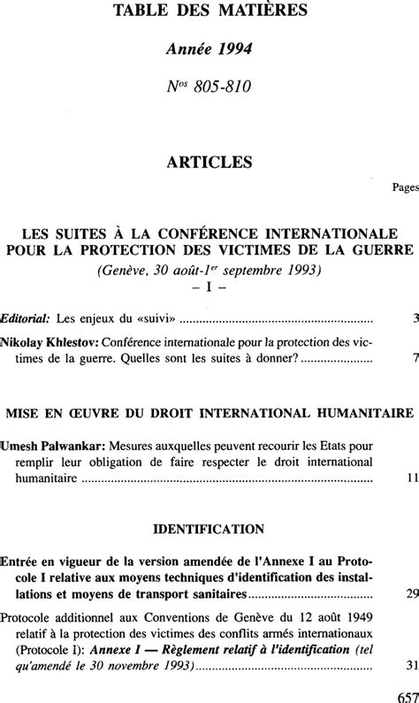 Table des matières Année 1994 International Review of the Red Cross