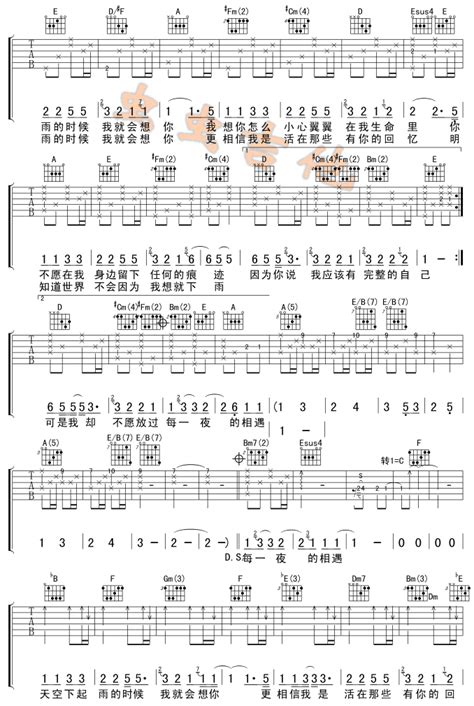 下雨的时候会想你 阿杜 歌谱吉他谱 和弦谱简谱五线谱