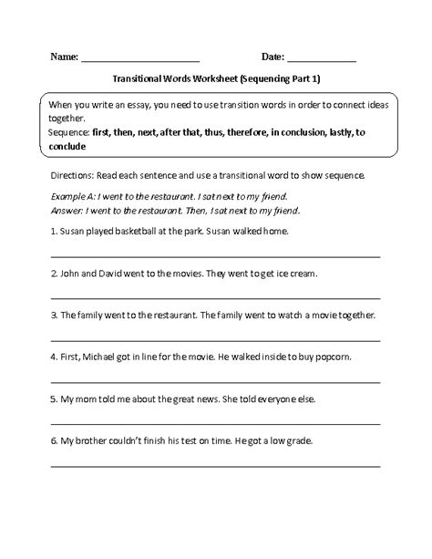 Transition Word Worksheets