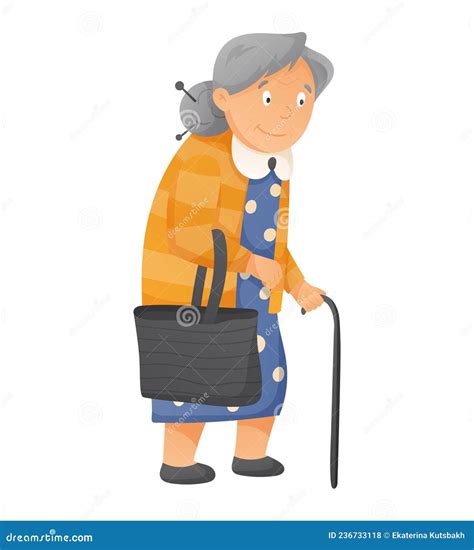 Cartoon Old Woman With Gray Hair And Walking Stick Vector Isolated