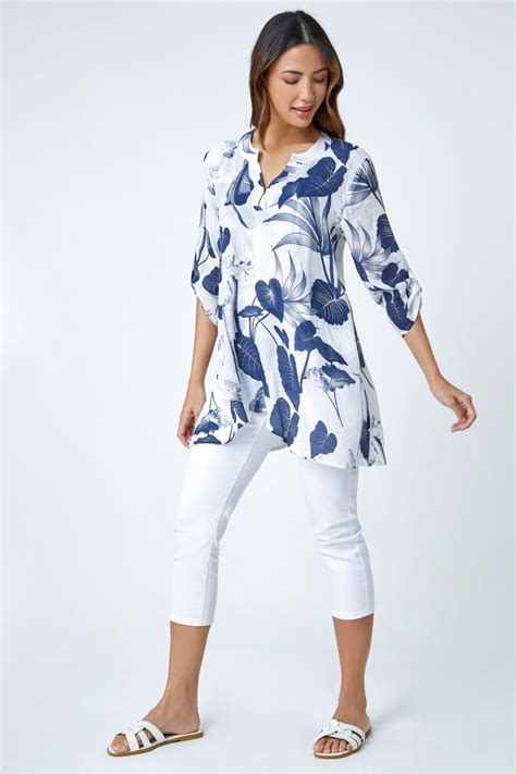 Roman Navy Palm Print Wrap Hem Tunic Top Matalan