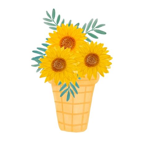 Cono De Galleta De Helado De Acuarela Con Ramo De Girasoles Verano