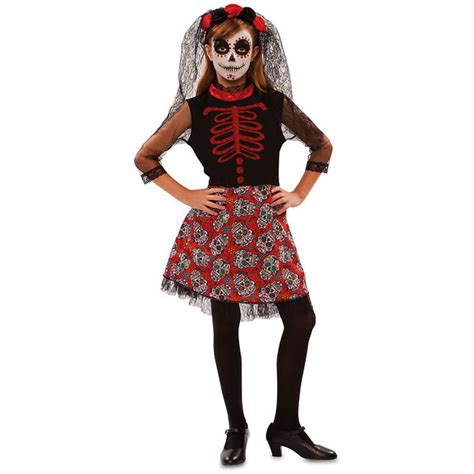 Déguisement de Catrina rouge et noir avec têtes de mort pour filles par