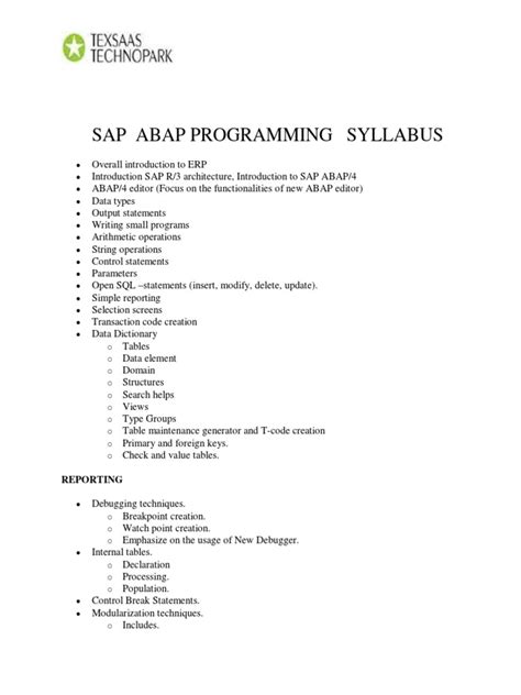 Sap Abap Programming Syllabus Pdf Areas Of Computer Science