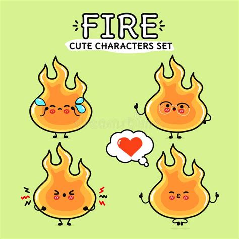 Funny Cute Happy Fire Characters Bundle Set Vector Hand Drawn Doodle