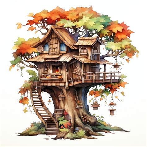 Premium AI Image Beautiful Wooden Treehouse Watercolor Clipart