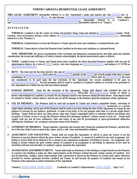 Free North Carolina Rental Lease Agreement Templates Pdf