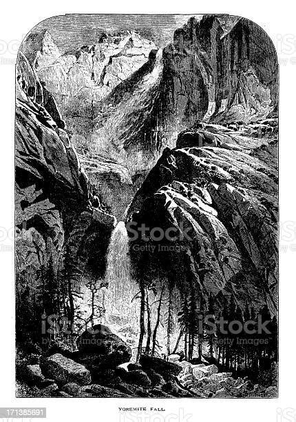 Yosemite Falls California Historic American Illustrations Stock