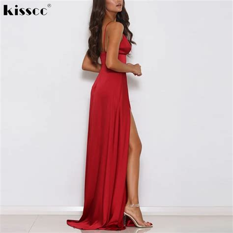 Sexy Red Satin Maxi Kleid Hohe Splits Backless Partei Tiefe V Neck