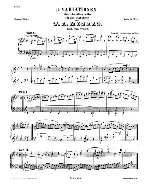 12 Variations On An Allegretto K 500 Free Sheet Music By Mozart